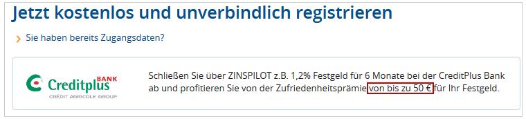 Zinspilot Bonus registrieren